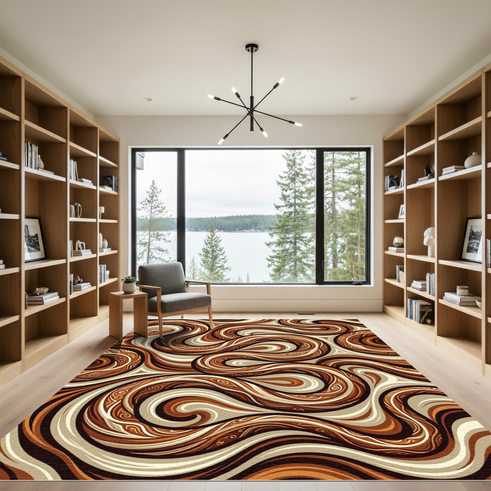 Abstract Earthy Brown Serpentine Swirl Rug