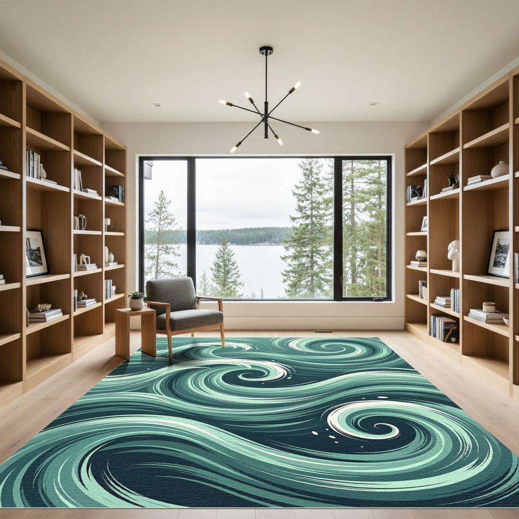 Flowing Teal Ocean Wave Swirl Rug