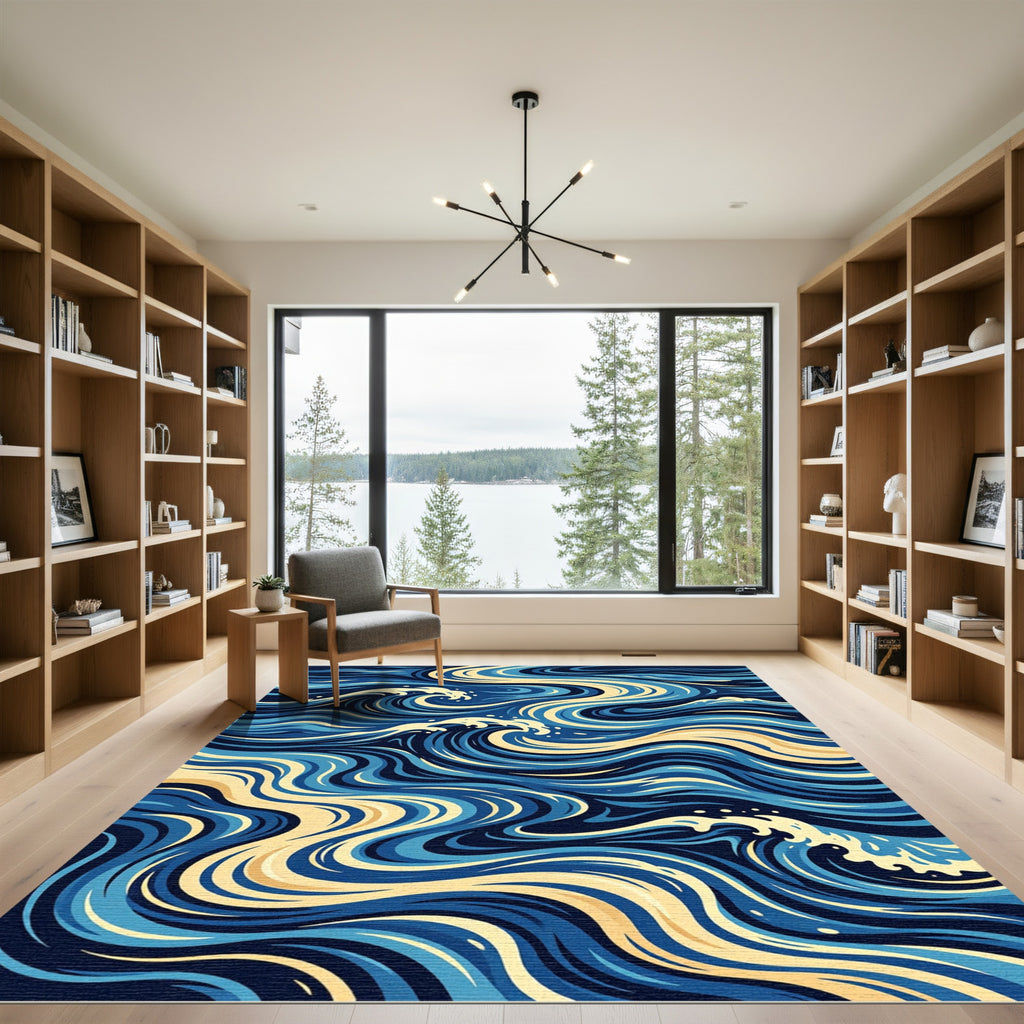 Dynamic Blue Yellow Coastal Waves Rug