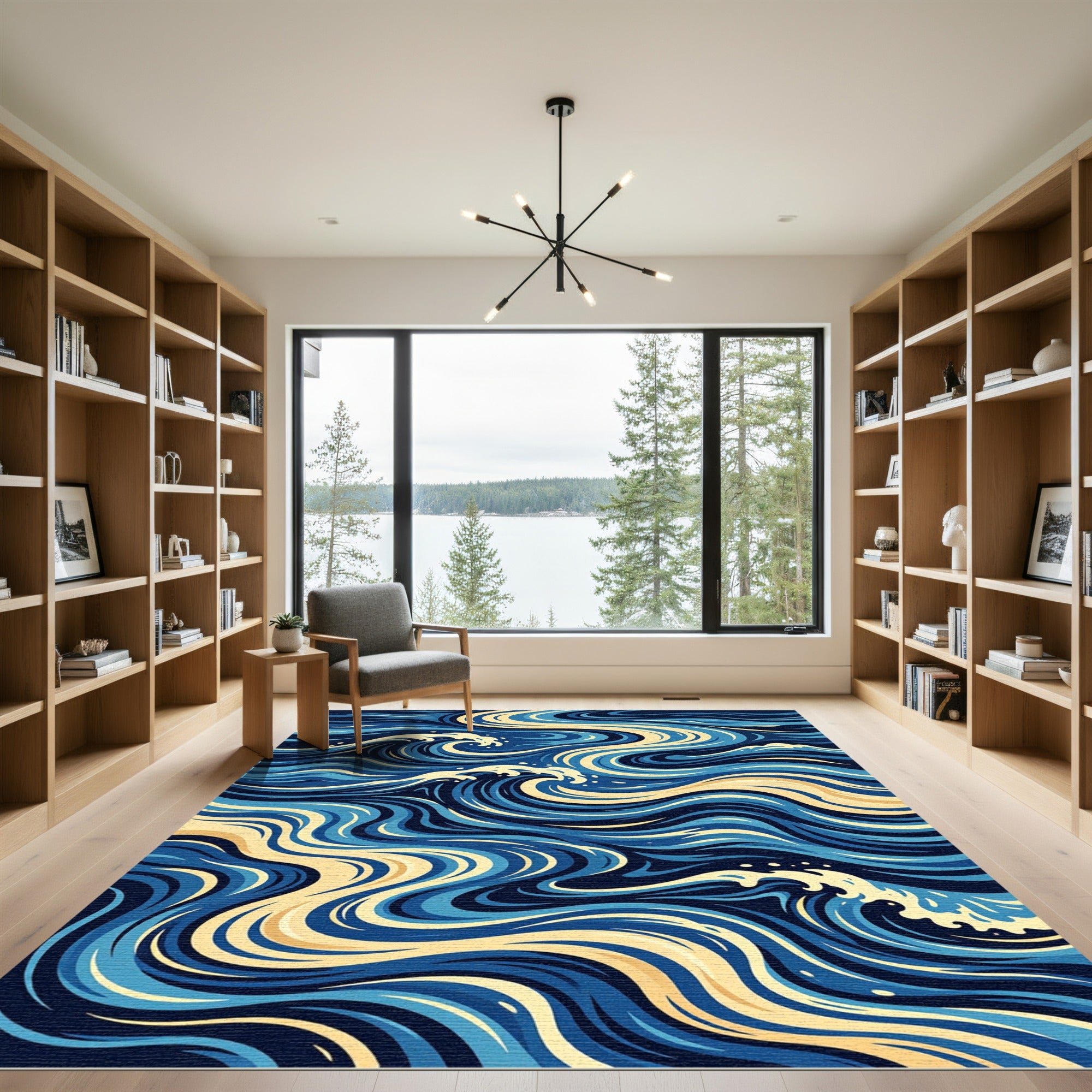 Dynamic Blue Yellow Coastal Waves Rug