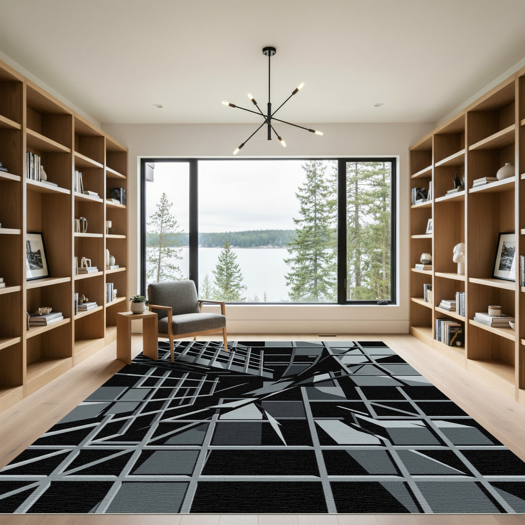 Monochromatic Geometric Architectural Grid Rug