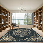 Elegant Charcoal Floral Crest Botanical Rug