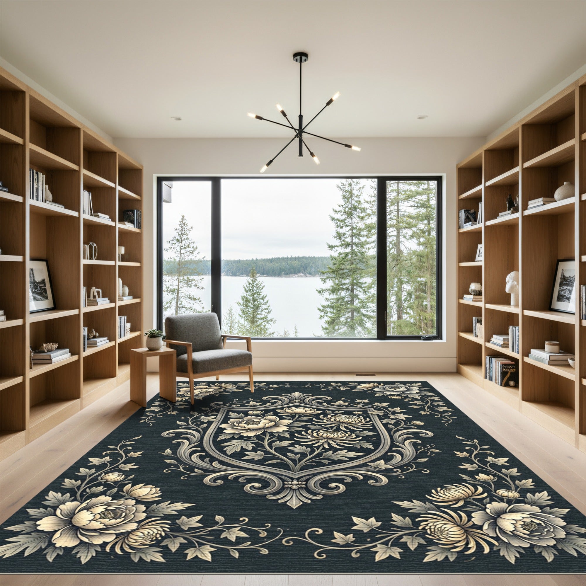 Elegant Charcoal Floral Crest Botanical Rug