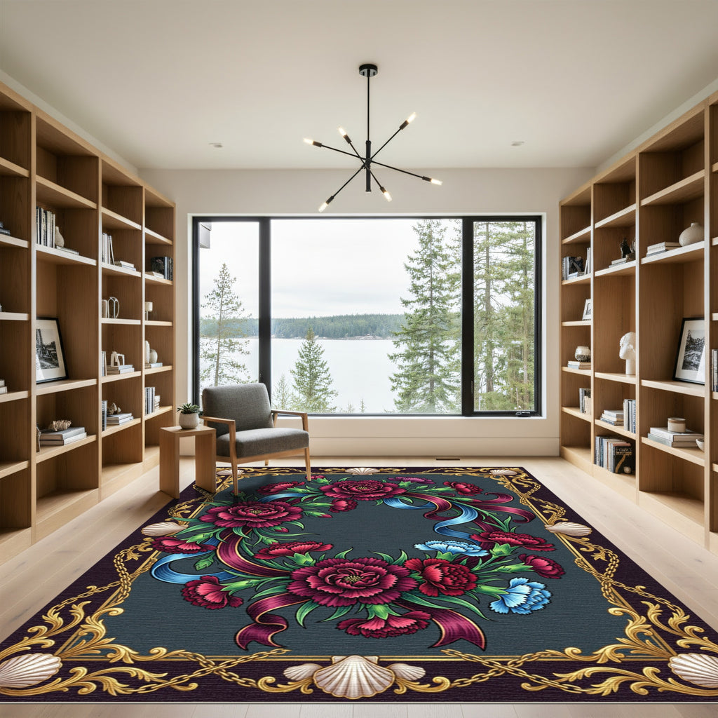 Crimson Carnation Floral Gold Shell Frame Rug