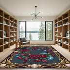 Crimson Carnation Floral Gold Shell Frame Rug