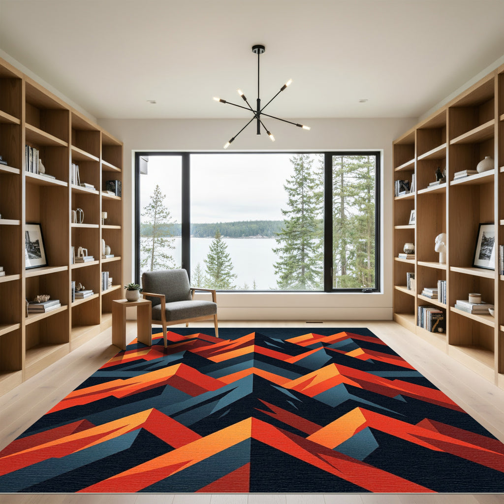 Midnight Orange Geometric Mountain Peaks Rug