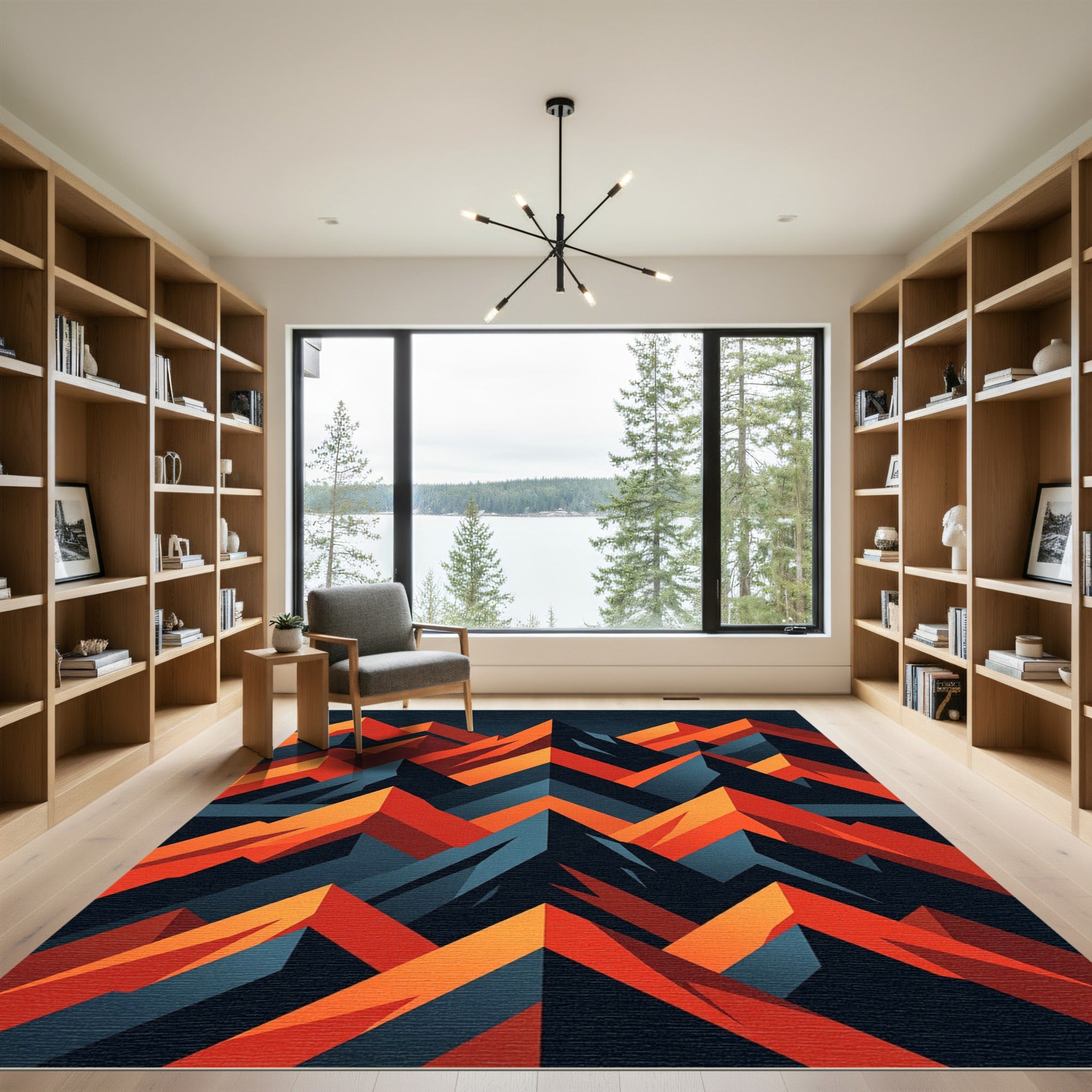 Midnight Orange Geometric Mountain Peaks Rug
