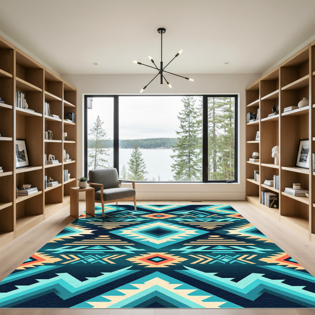 Teal Geometric Aztec Diamond Southwestern Rug