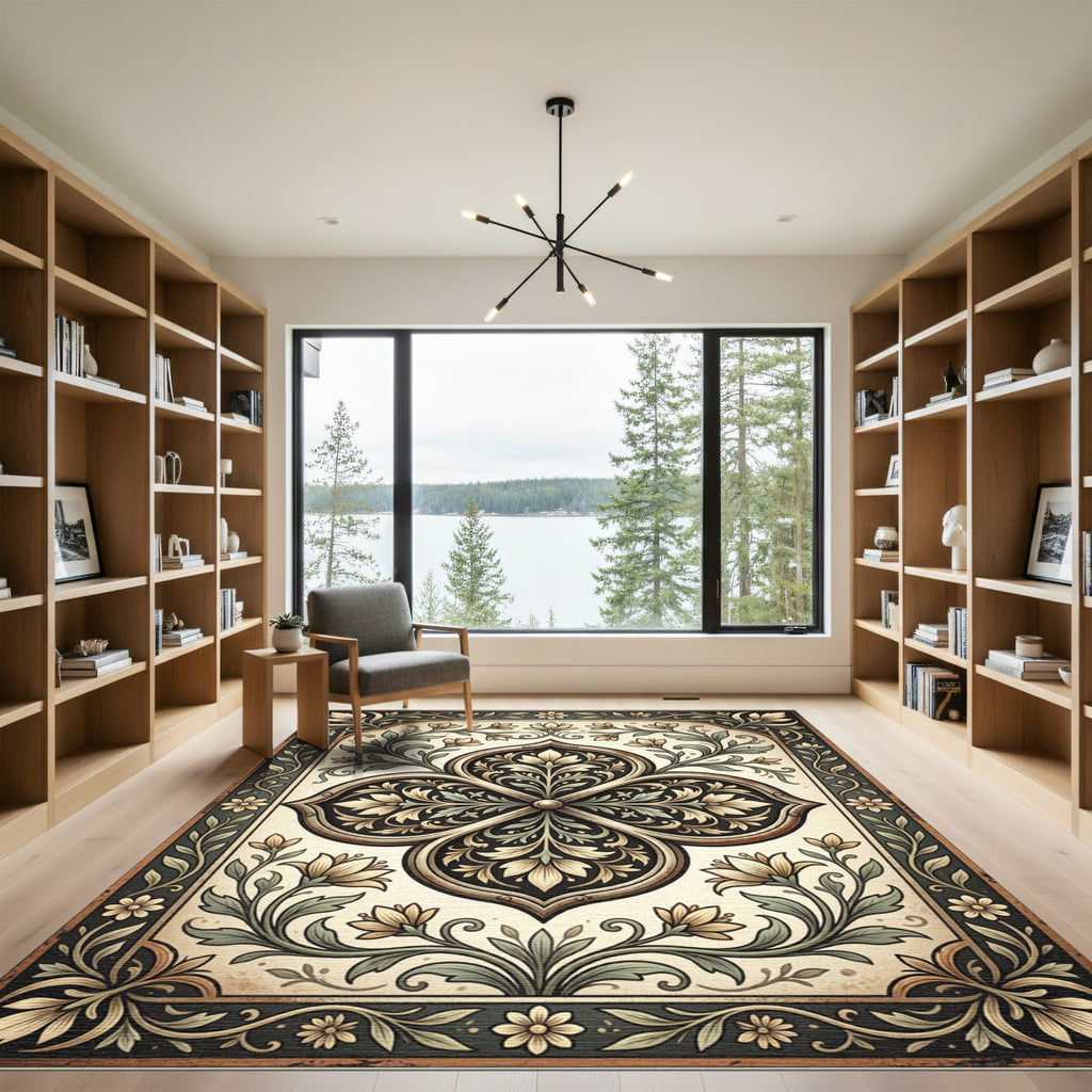 Elegant Cream and Charcoal Botanical Medallion Rug