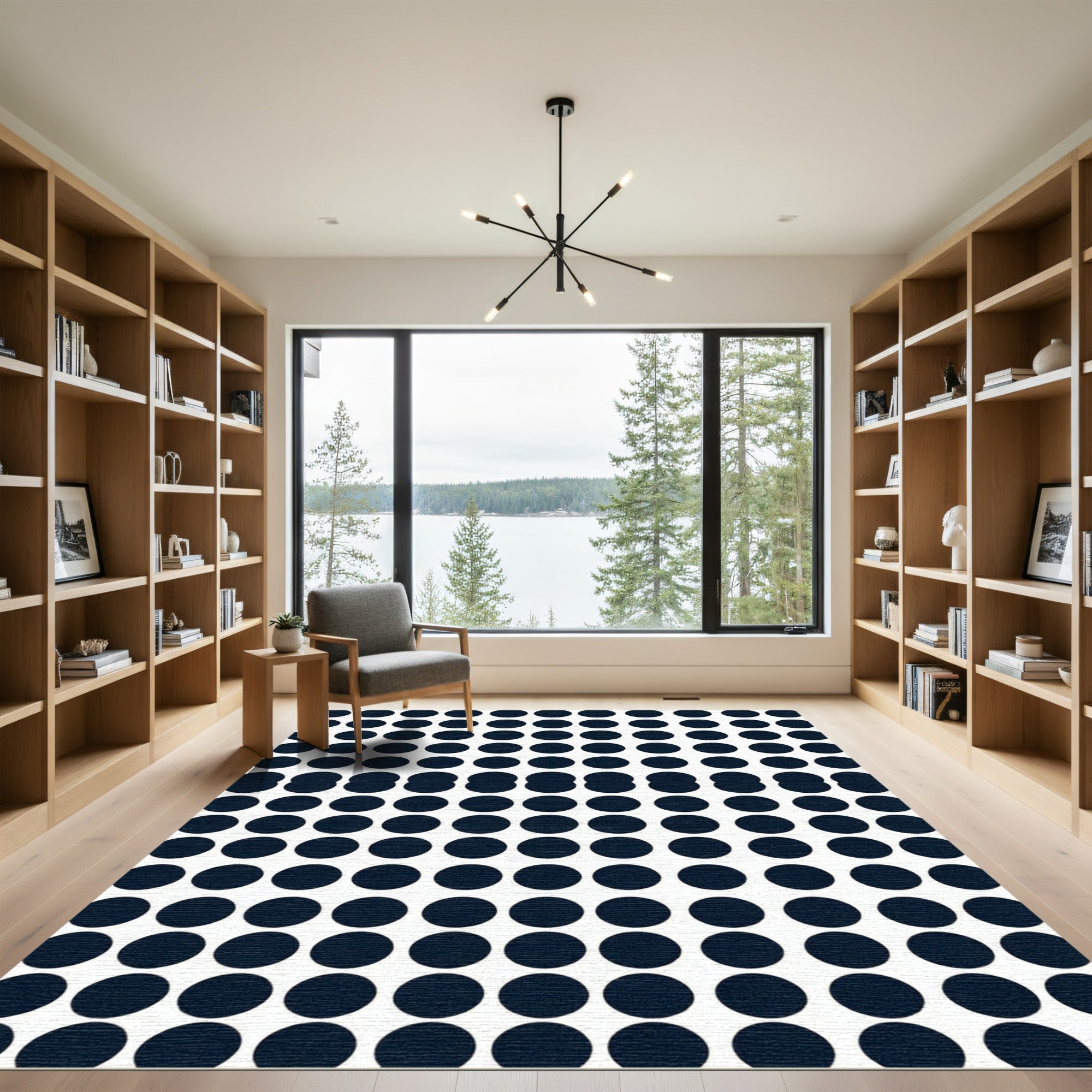 Modern Navy Blue Circular Grid Rug