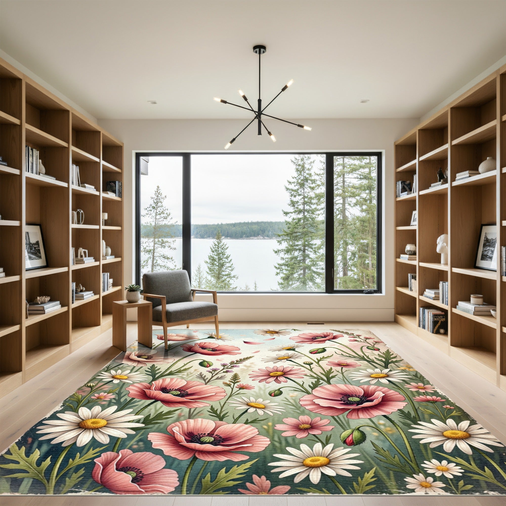 Soft Pink Poppy Floral Watercolor Meadow Rug