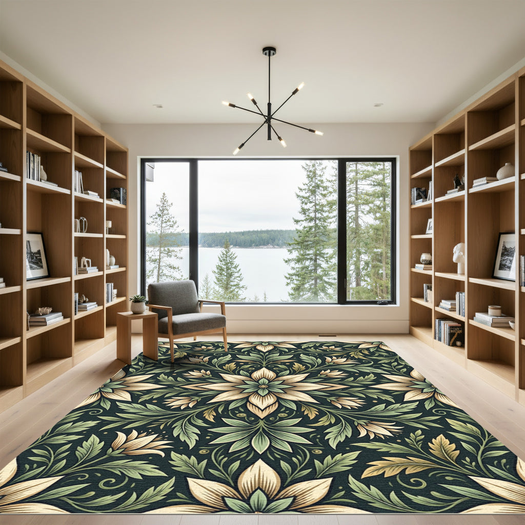 Sage and Cream Botanical Floral Medallion Rug