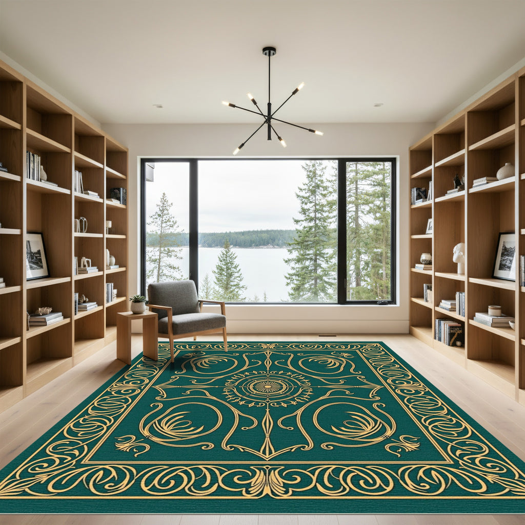 Elegant Teal Golden Scrollwork Medallion Rug