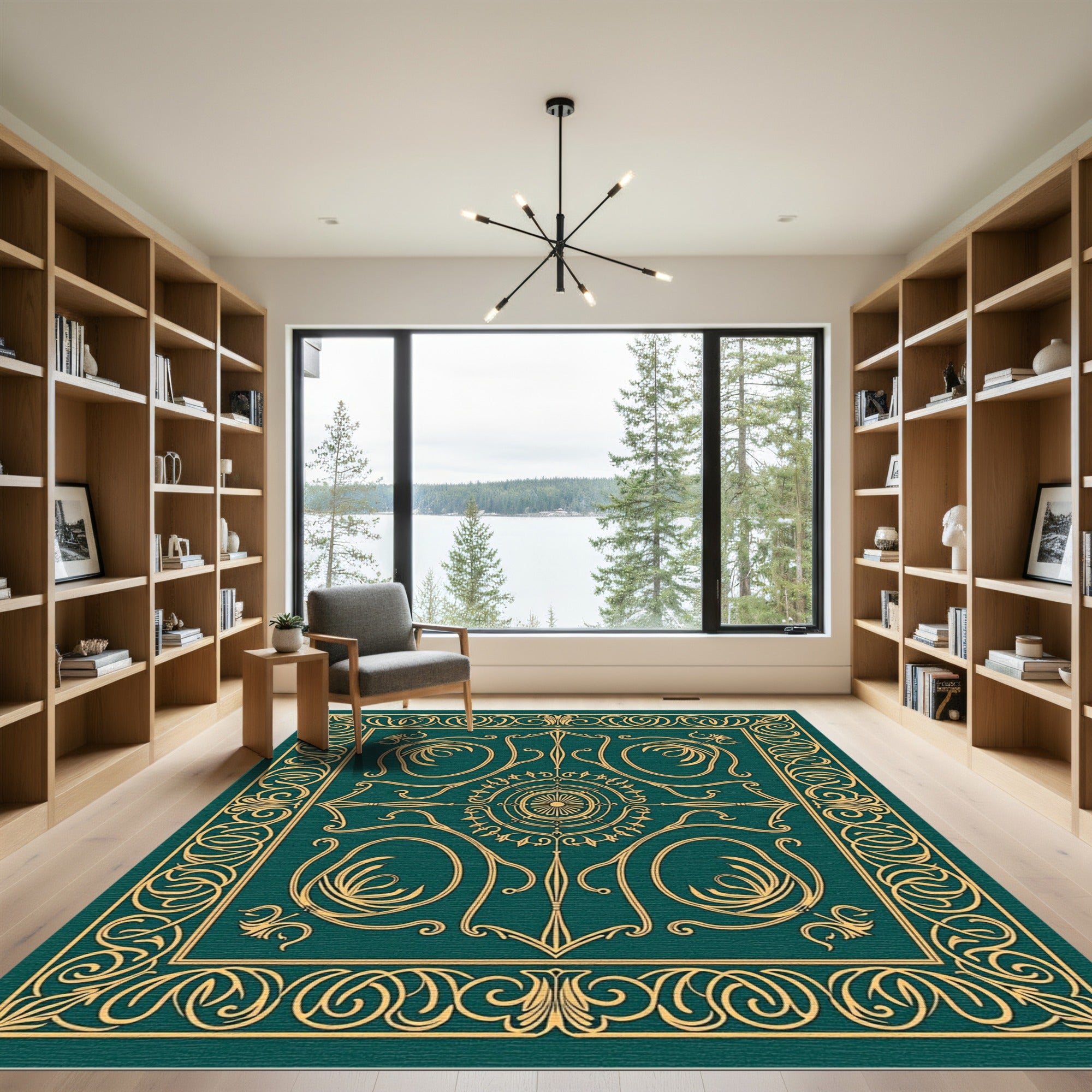 Elegant Teal Golden Scrollwork Medallion Rug