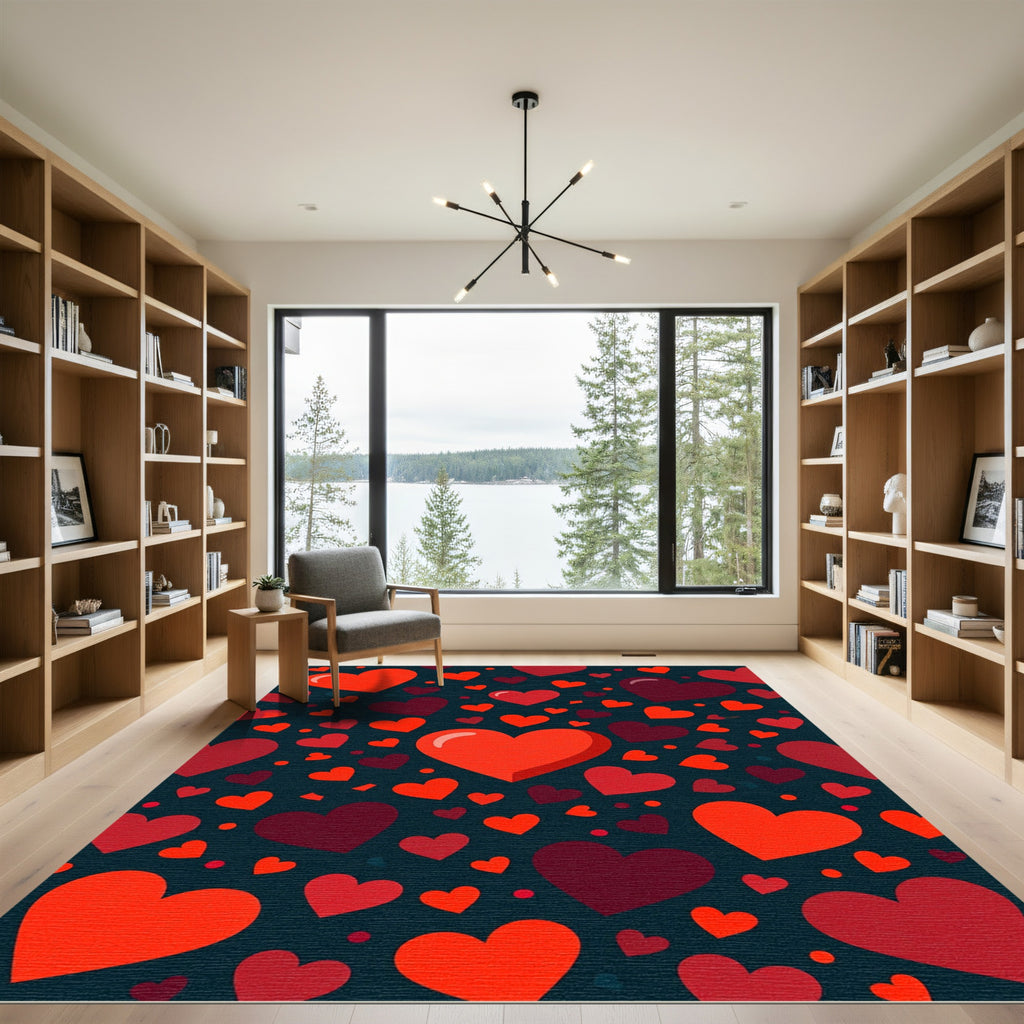 Vibrant Red Heart Scattered Dark Backdrop Rug