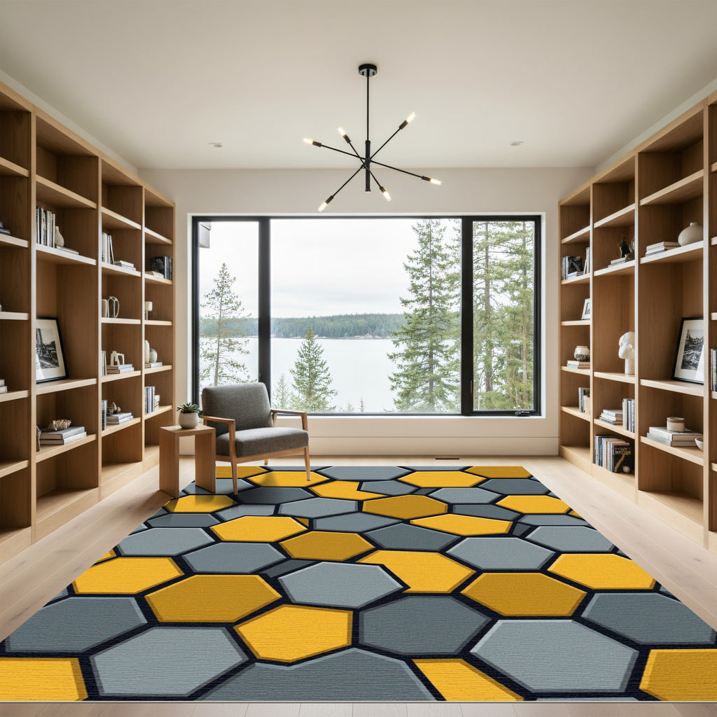 Golden Yellow Gray Hexagon Mosaic Rug