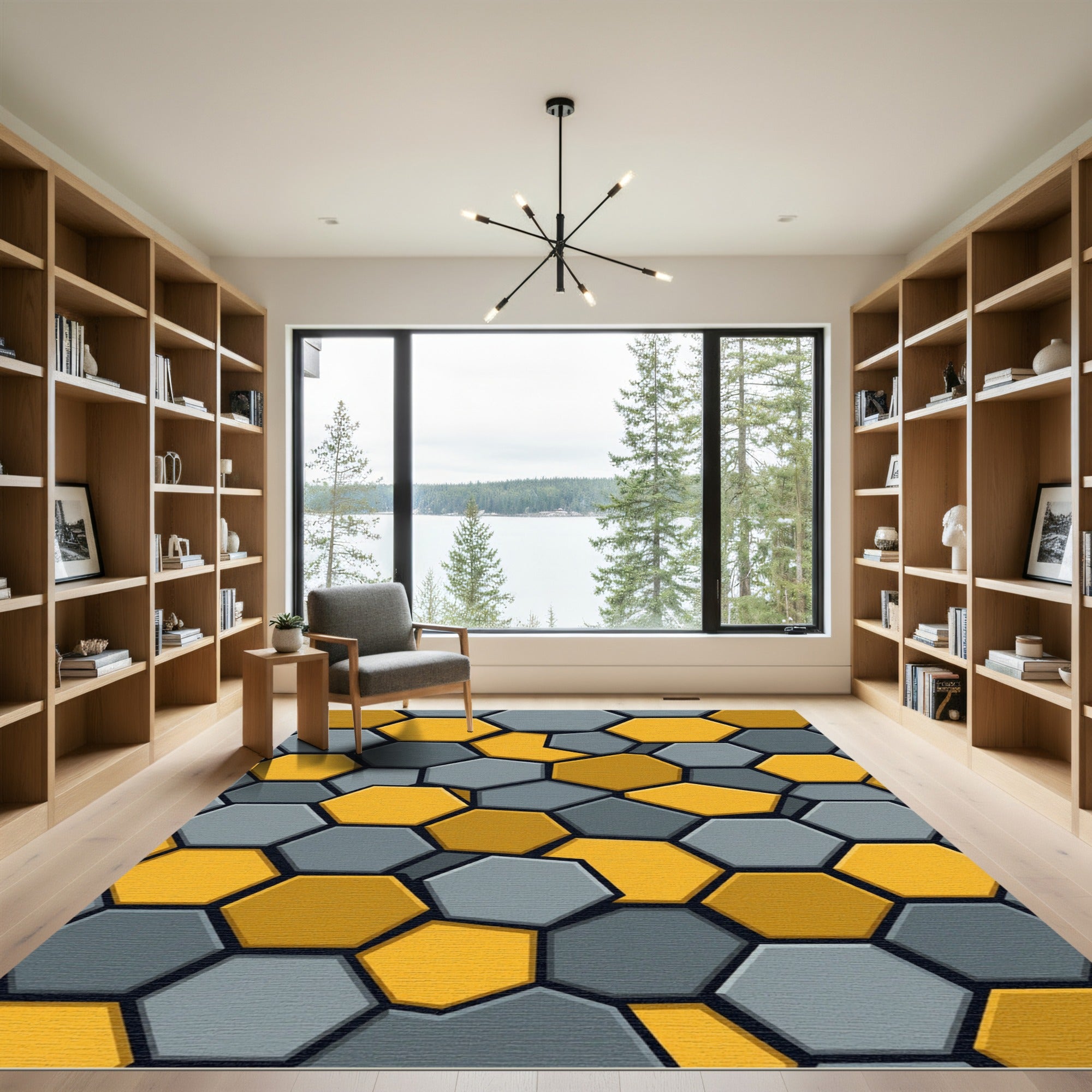 Golden Yellow Gray Hexagon Mosaic Rug