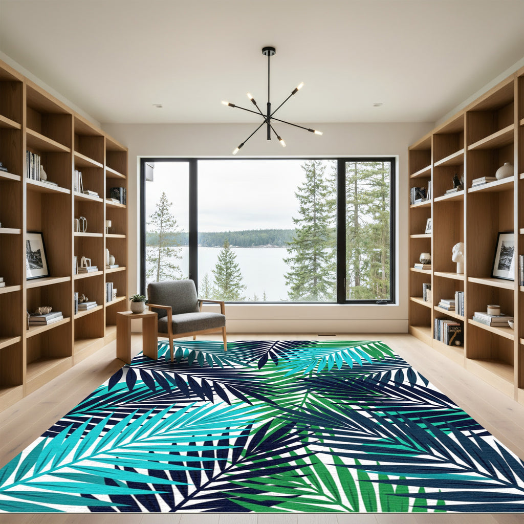 Lush Teal and Navy Tropical Foliage Rug
