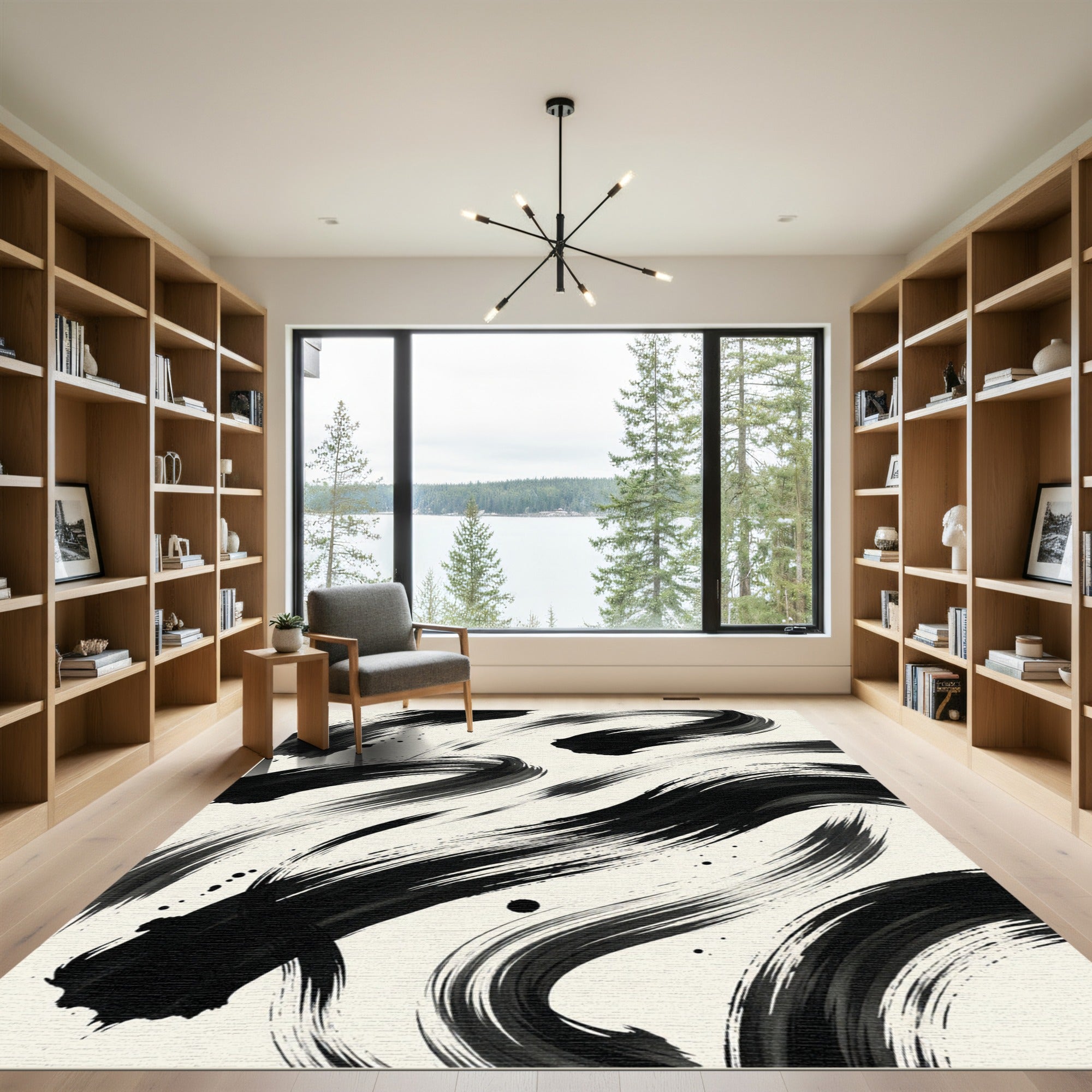 Minimalist Black Ink Swirl Statement Rug