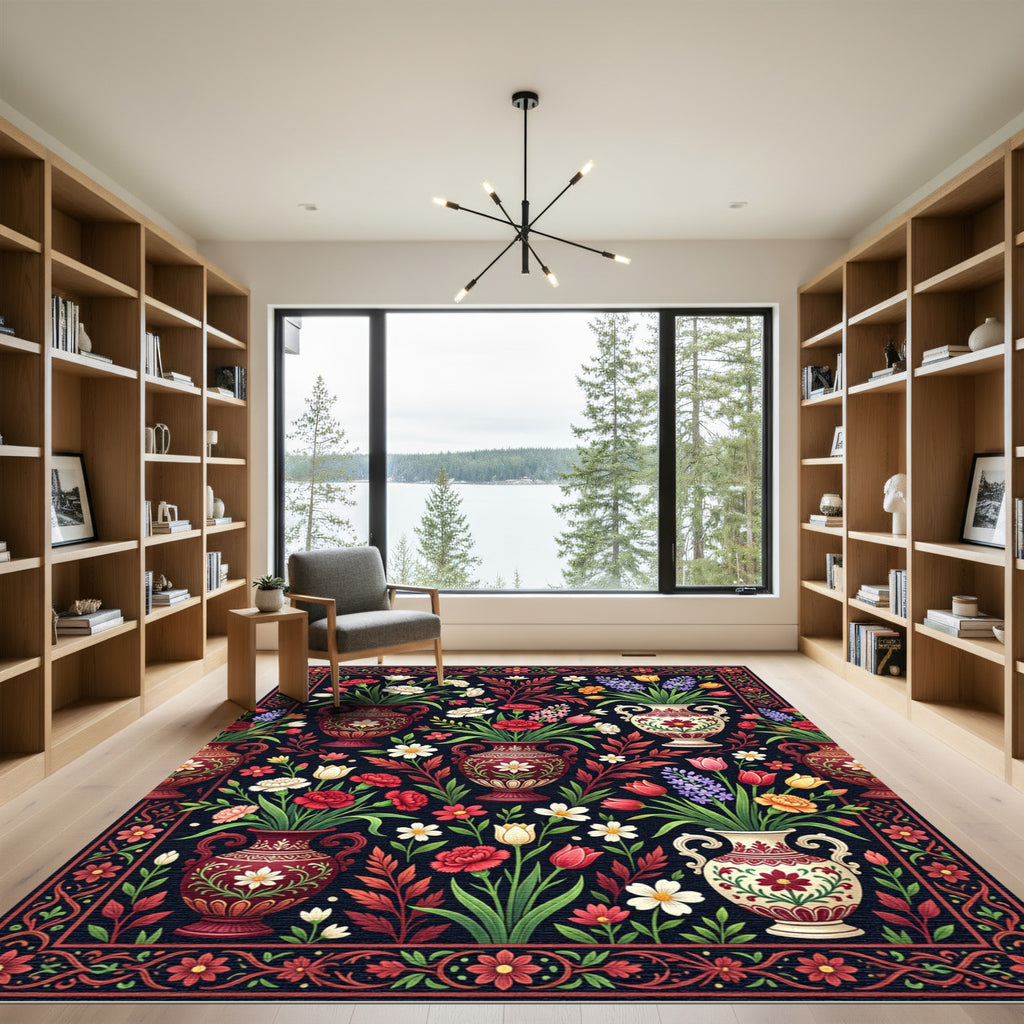 Vibrant Floral Vases Dark Backdrop Rug