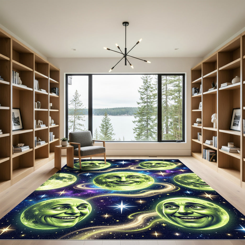 Whimsical Green Moon Faces Cosmic Display Rug