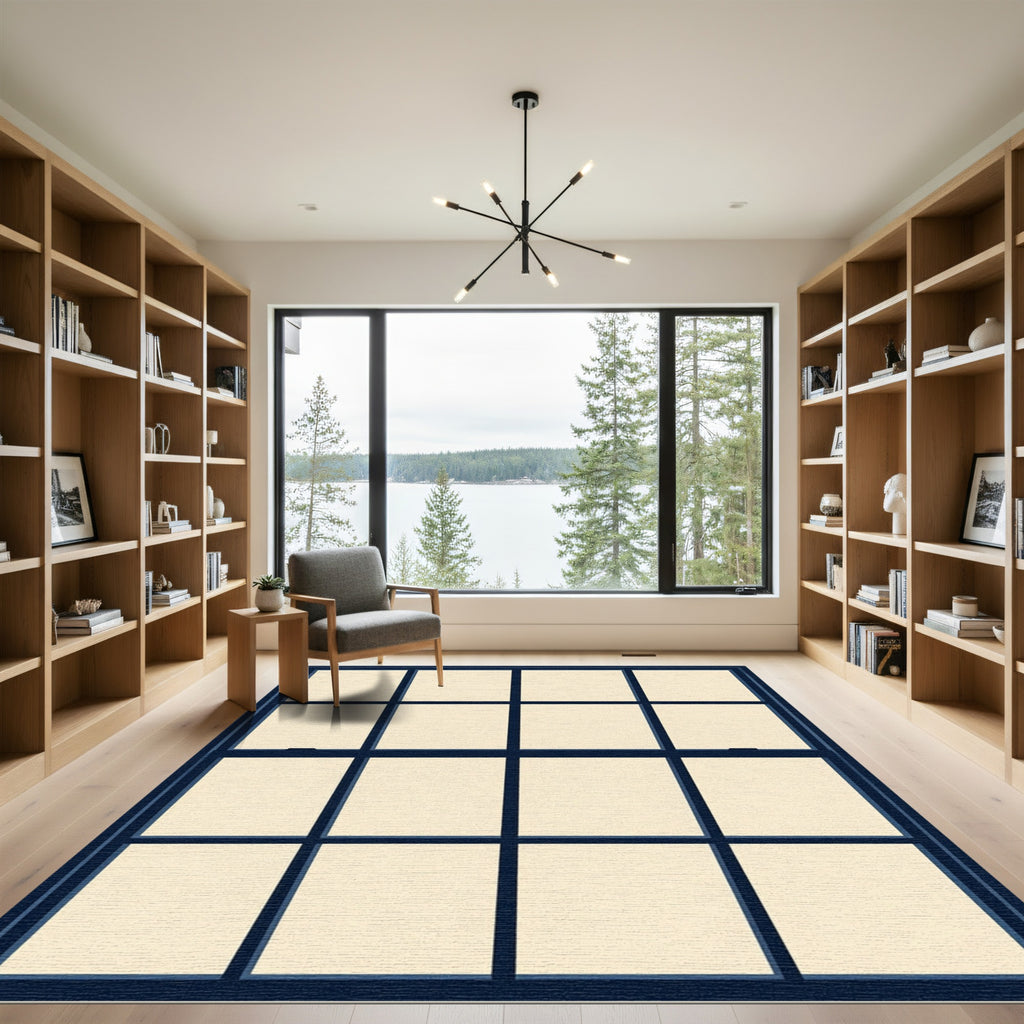 Navy Grid Windowpane Minimalist Frame Rug