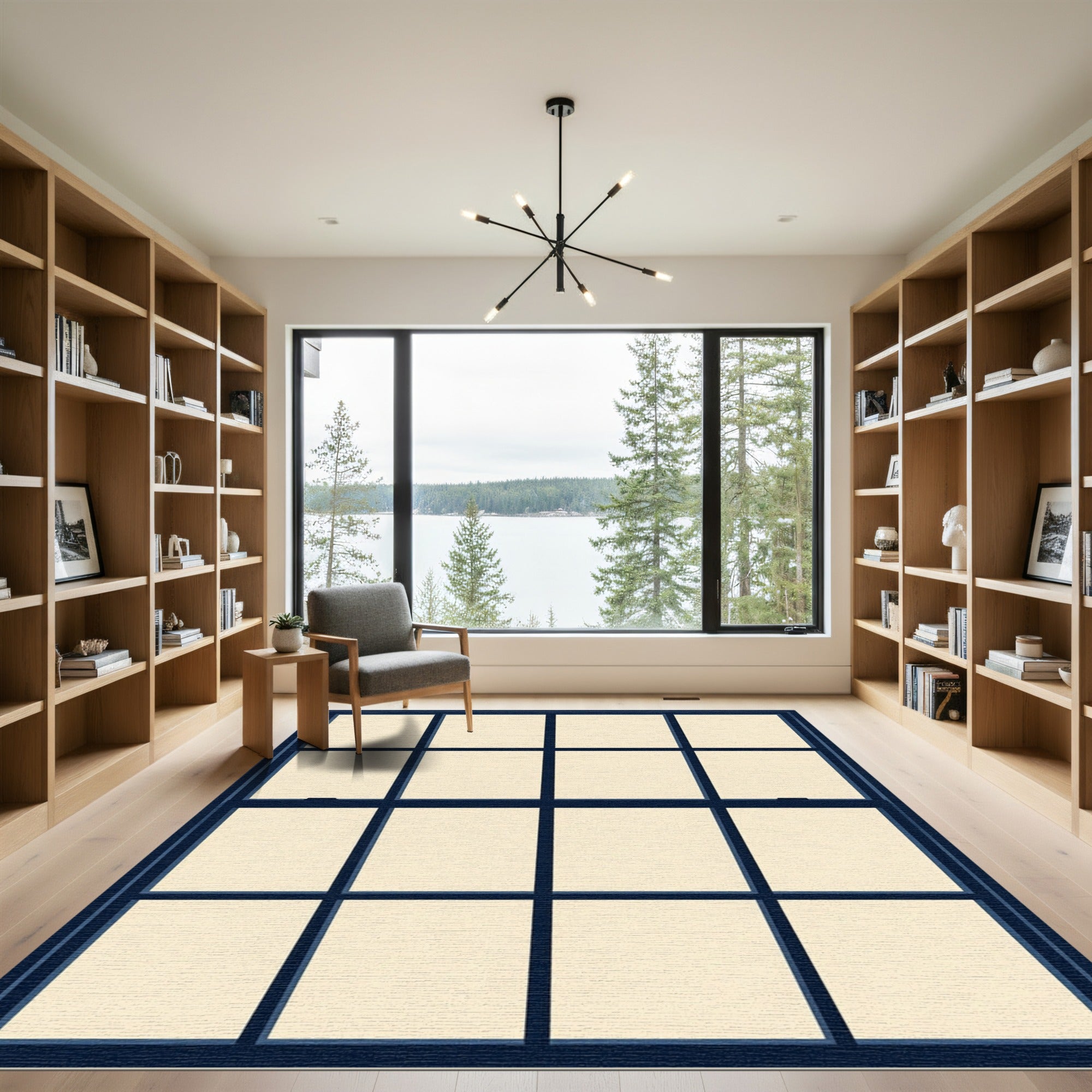 Navy Grid Windowpane Minimalist Frame Rug
