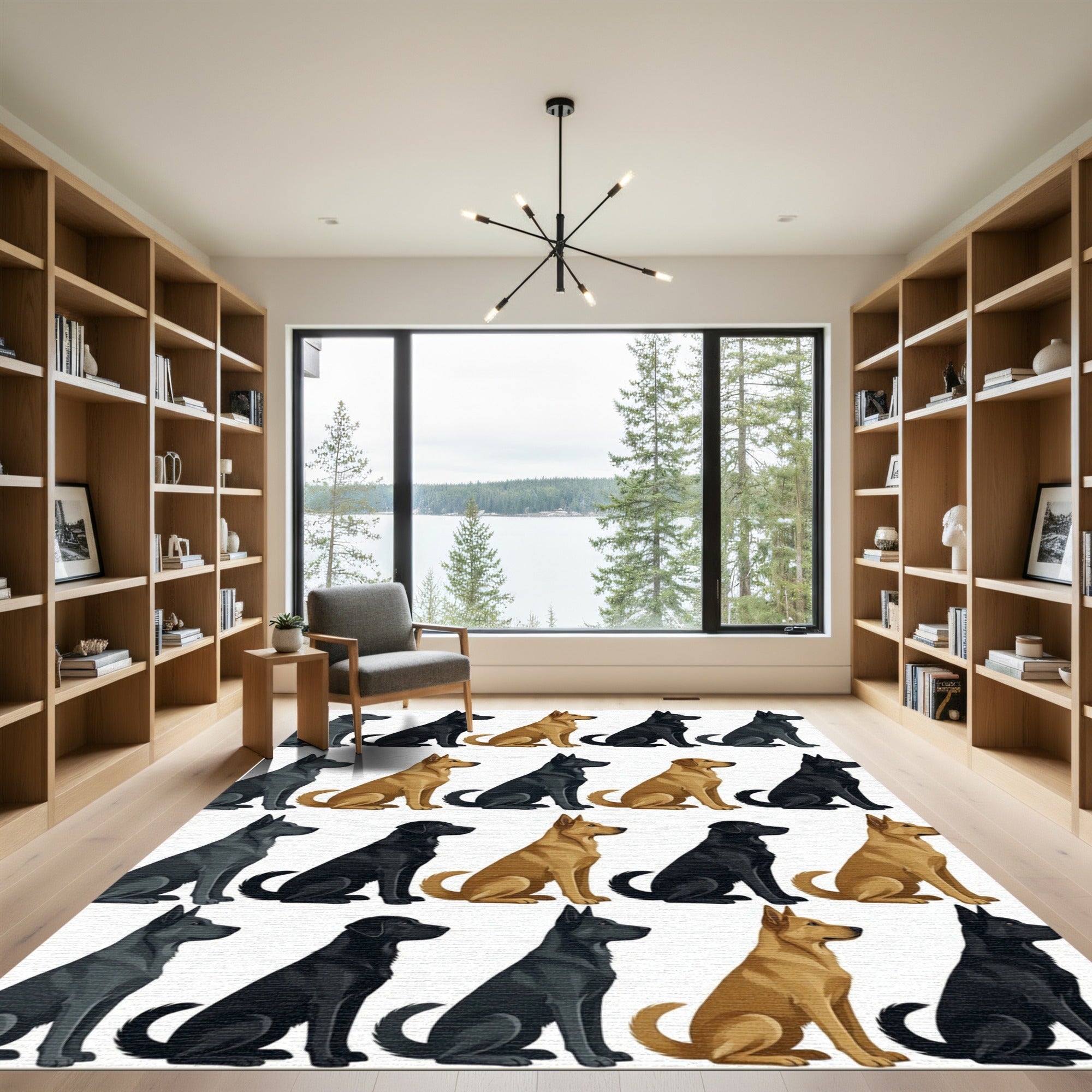Repeating Golden and Black Sitting Dog Rug