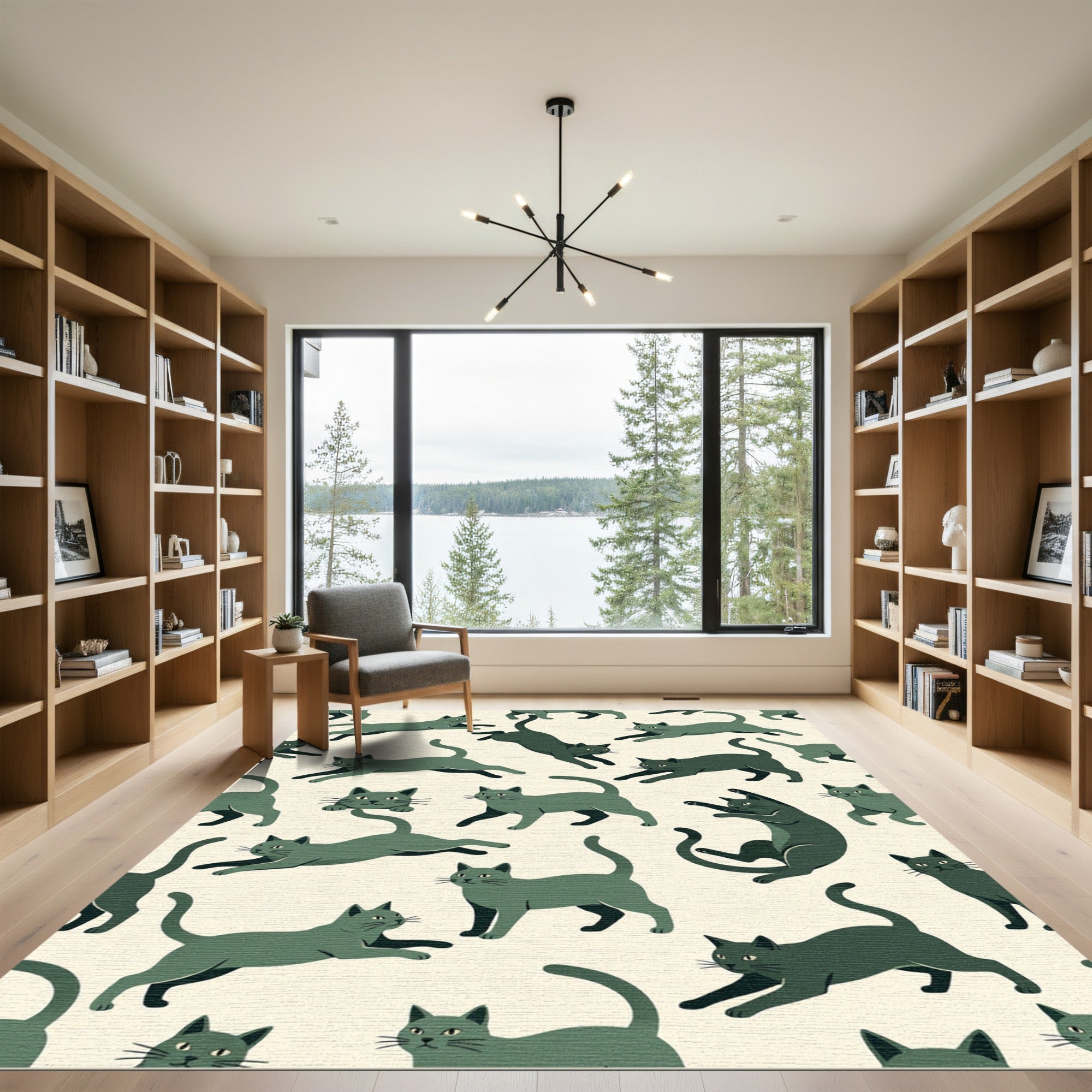 Playful Sage Cat Silhouette Illustration Rug