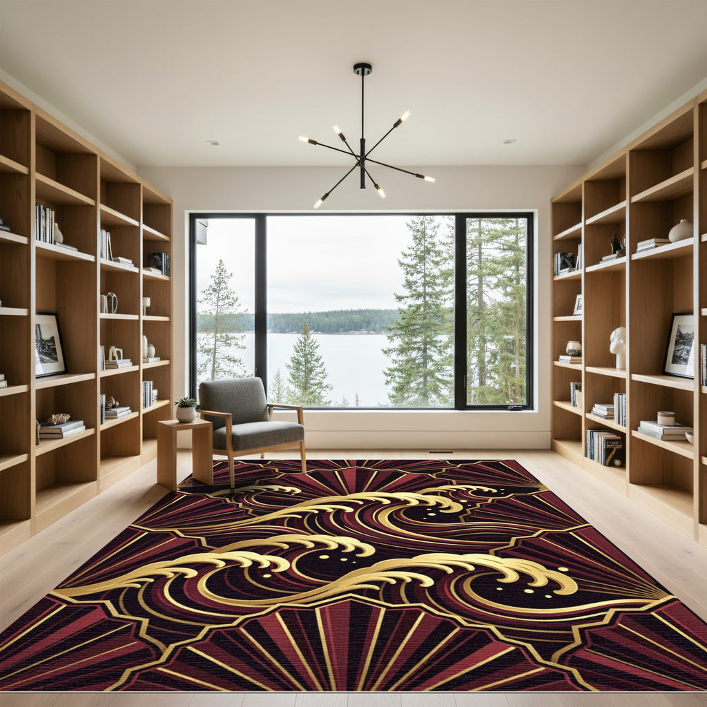 Art Deco Gold Wave Crimson Fan Rug