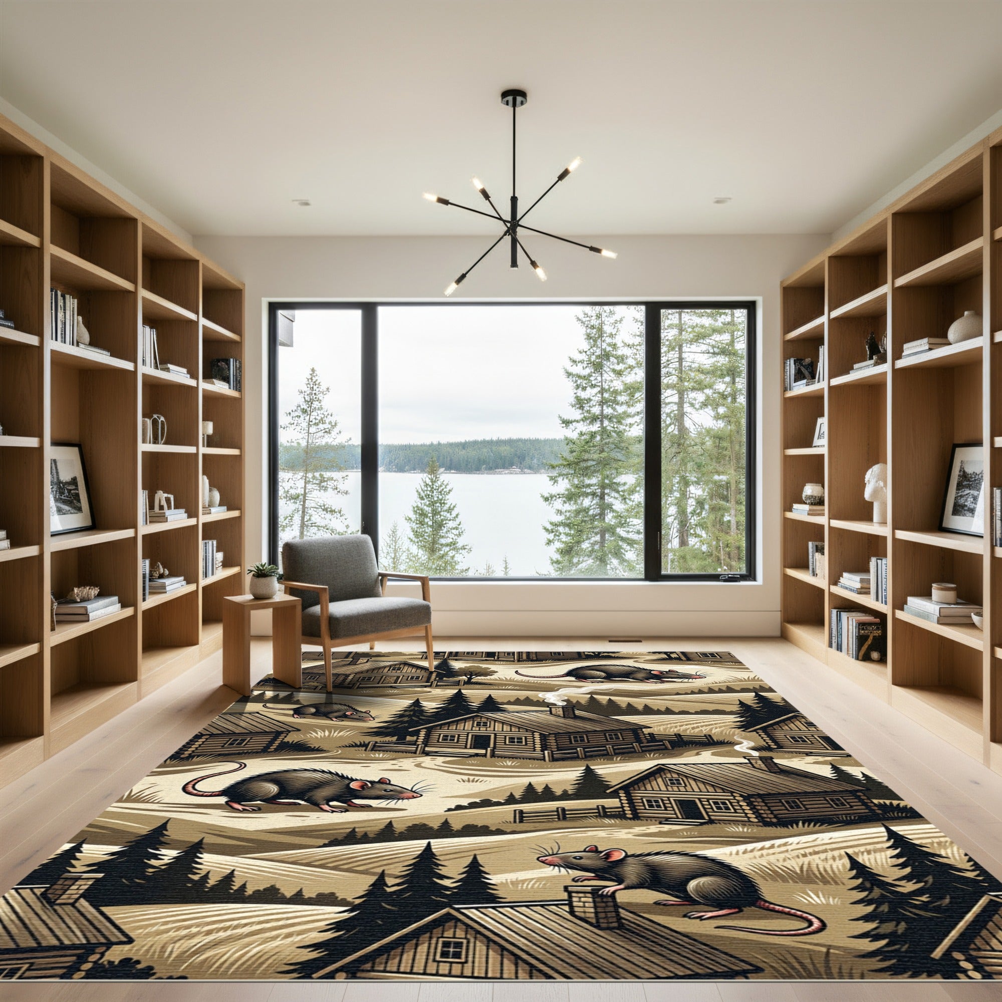 Rustic Forest Cabin and Rat Illustration Rug