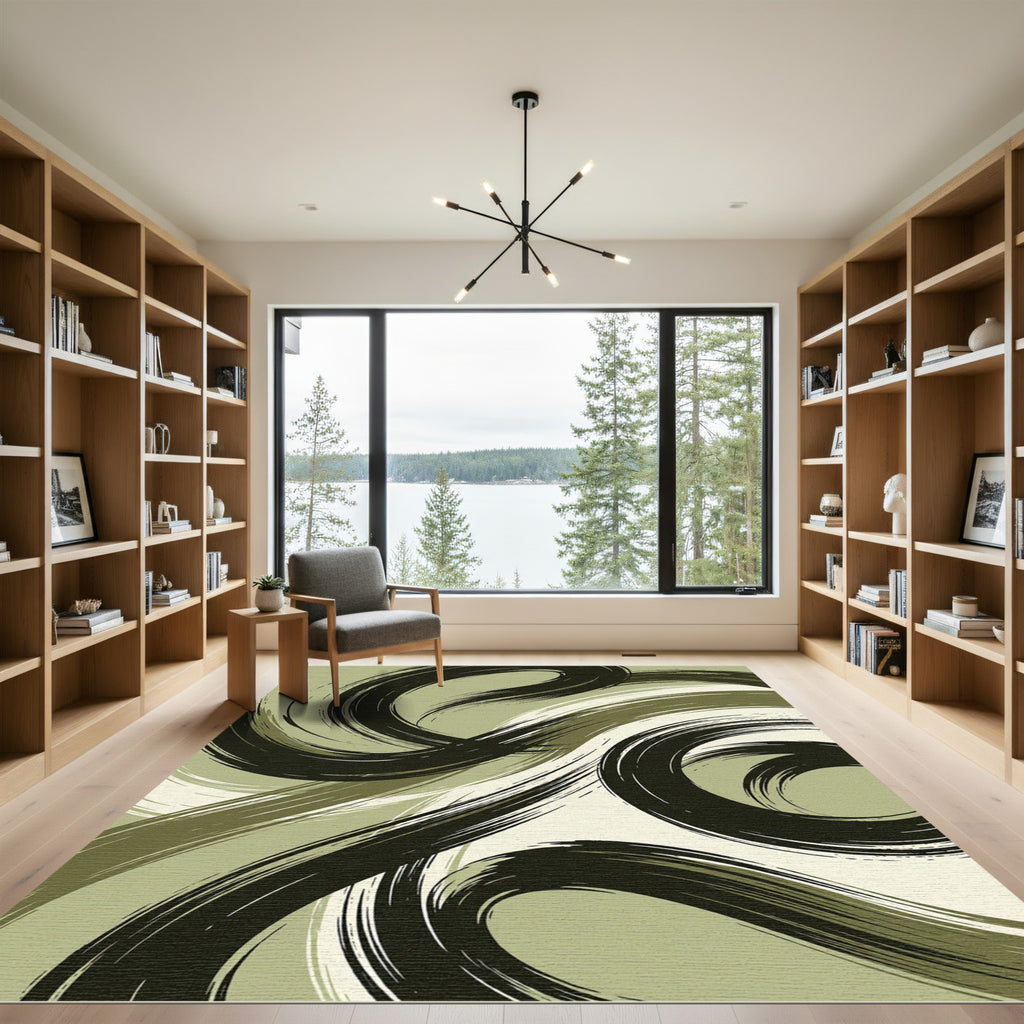 Modern Olive Sweeping Abstract Swirl Rug