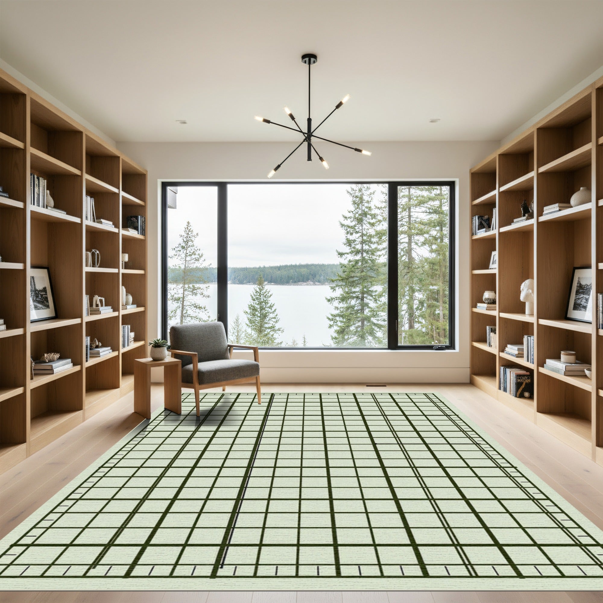 Linear Grid Contemporary Green Beige Rug
