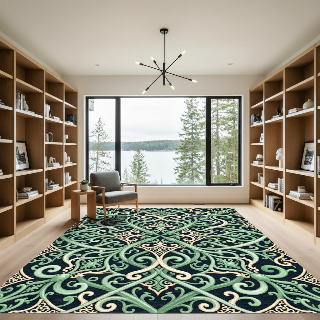Elegant Sage Green Ornate Scrollwork Rug