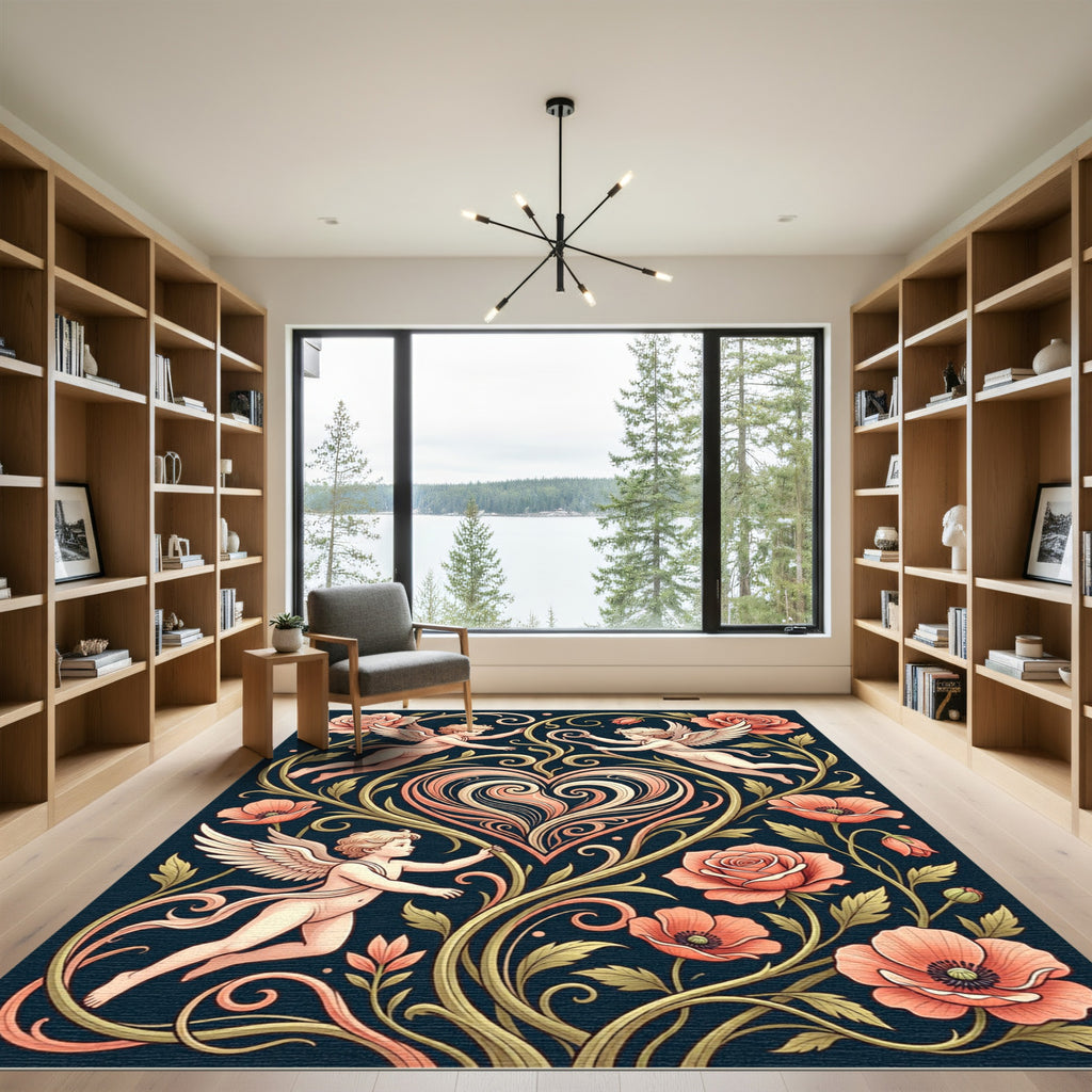 Coral Cherub Floral Heart Swirls Rug
