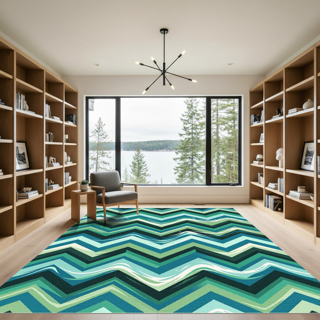 Modern Teal Green Chevron Wave Rug