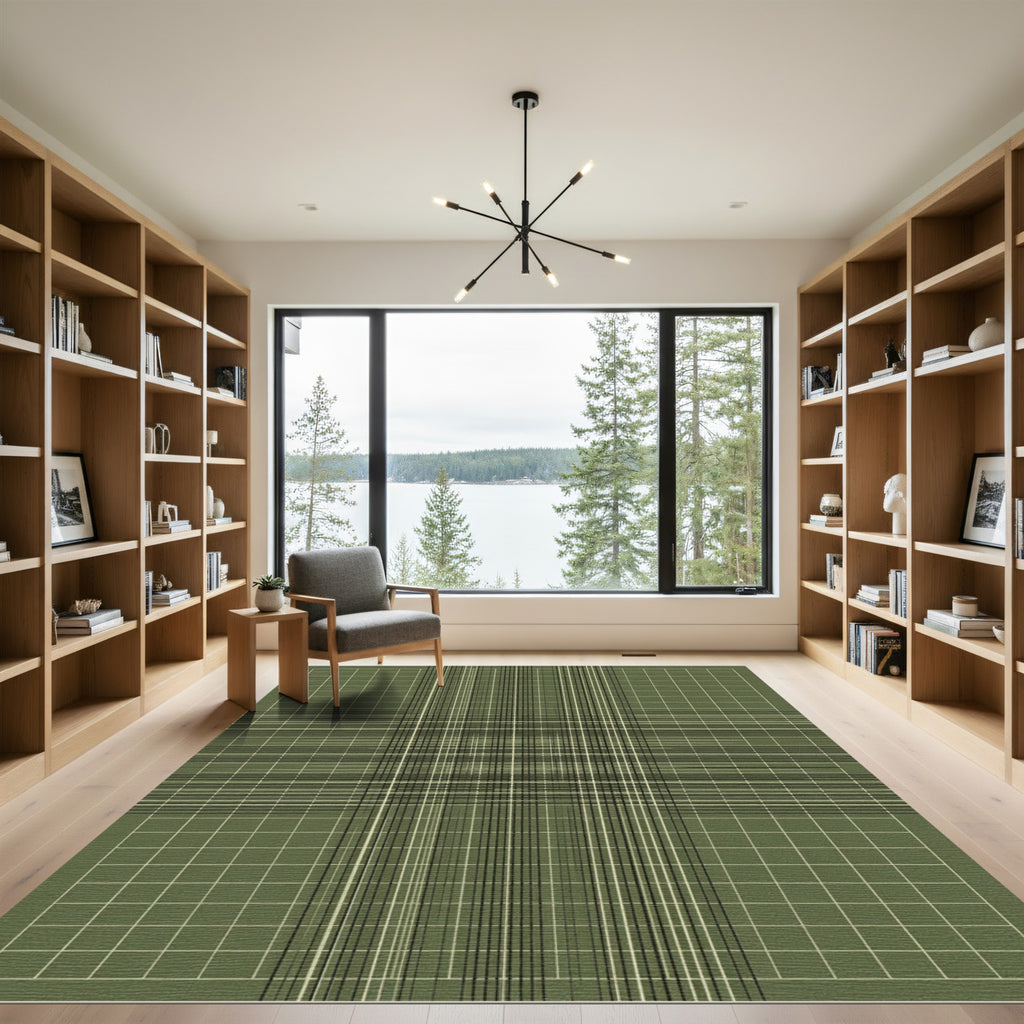 Olive Green Grid Stripe Composition Rug