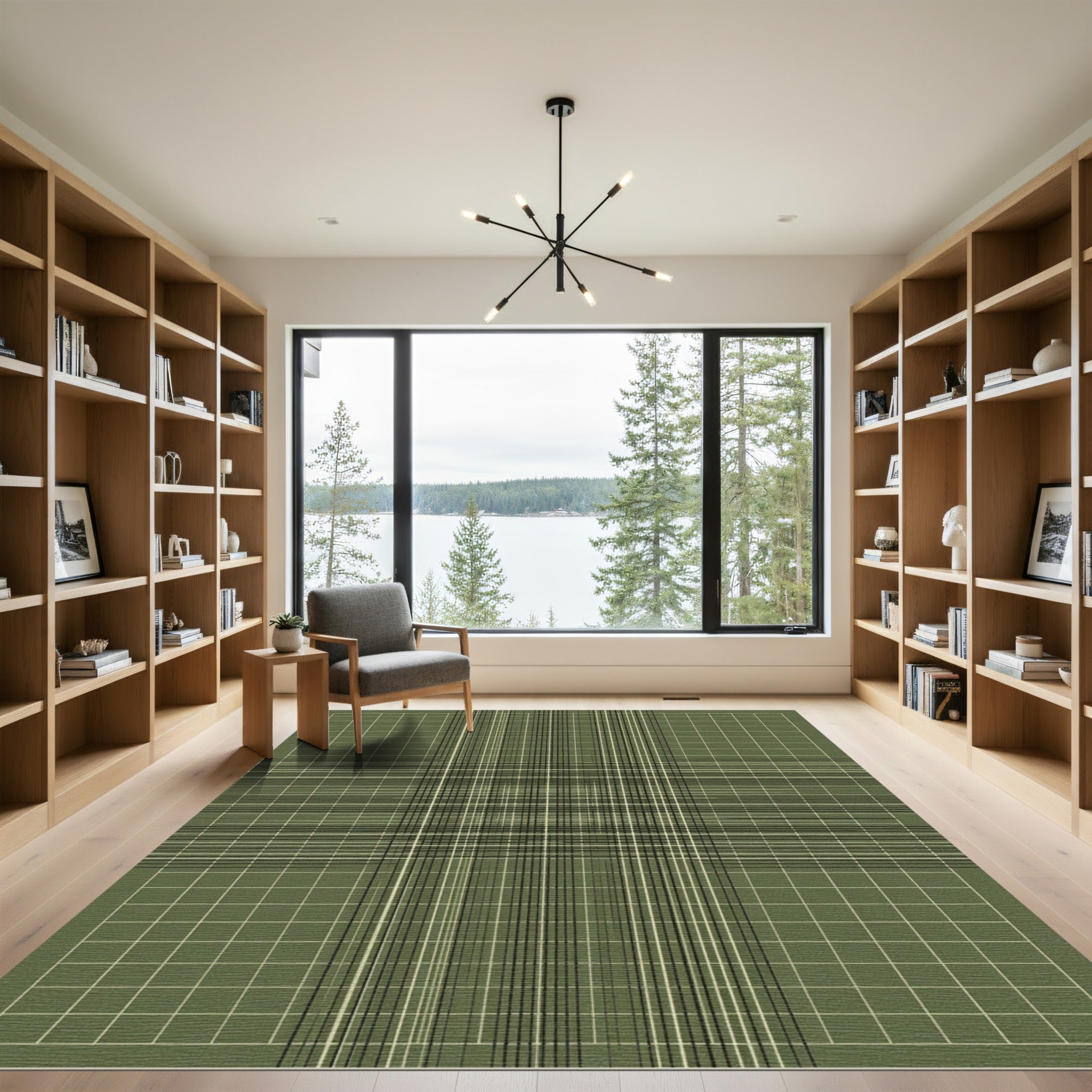 Olive Green Grid Stripe Composition Rug