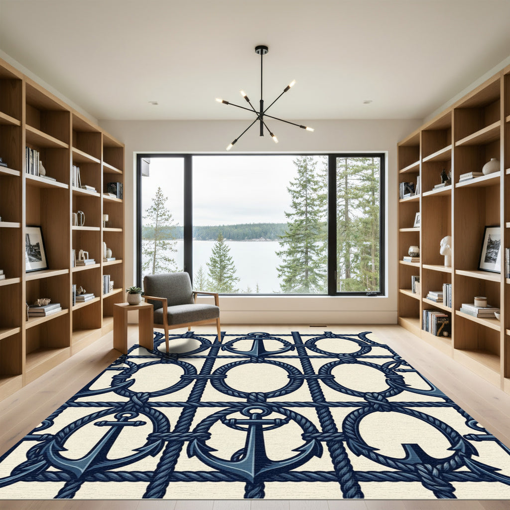Deep Blue Nautical Anchor Chain Rug