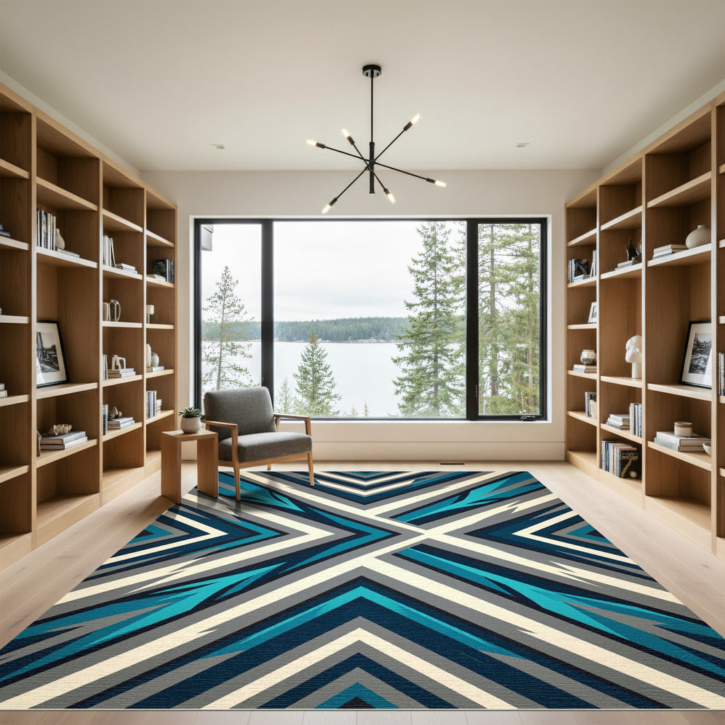 Geometric Teal and Gray Angular Chevron Rug