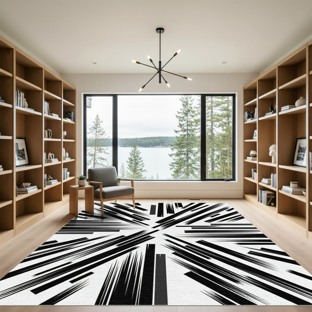 Modern Monochrome Abstract Sharp Linear Rug