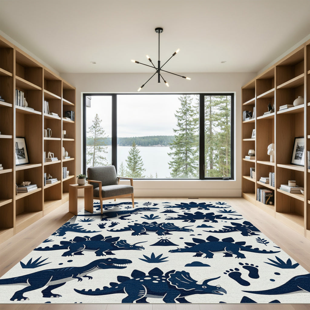 Playful Midnight Navy Dinosaur Landscape Rug
