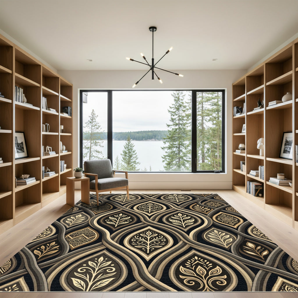 Sophisticated Gold Leaf Weave Art Rug