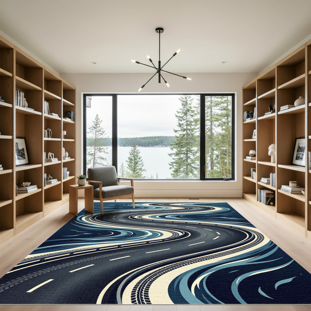 Abstract Navy Winding Road Curves Rug