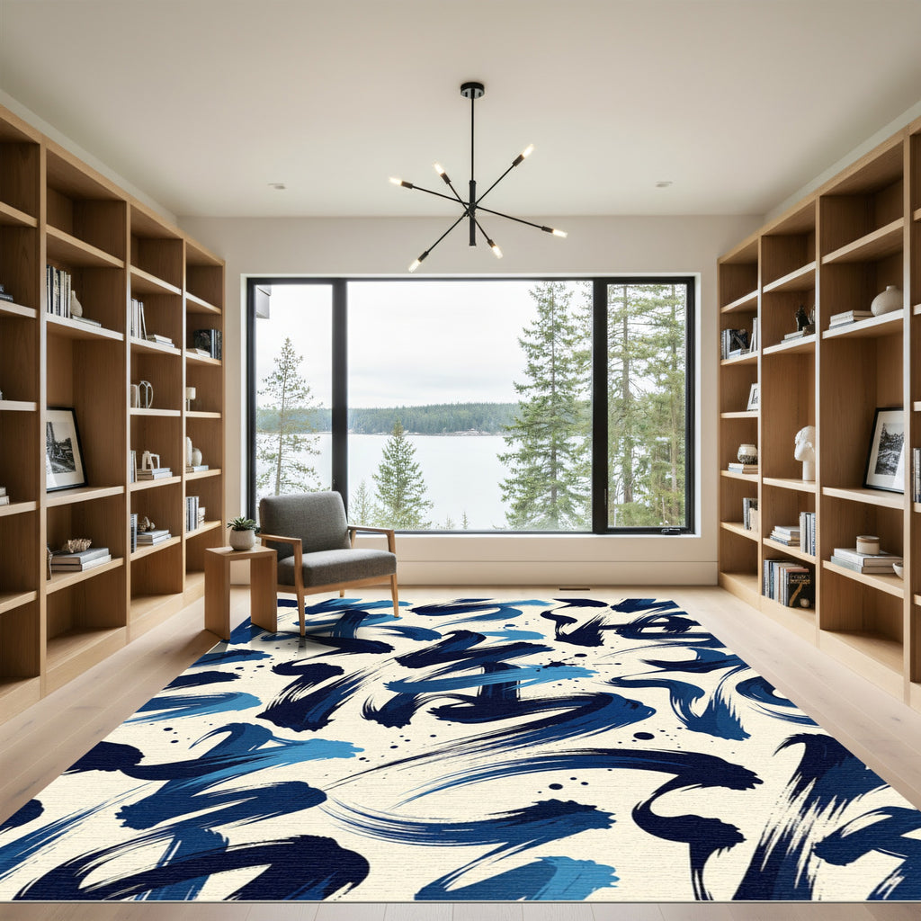 Abstract Navy Ink Brush Stroke Rug