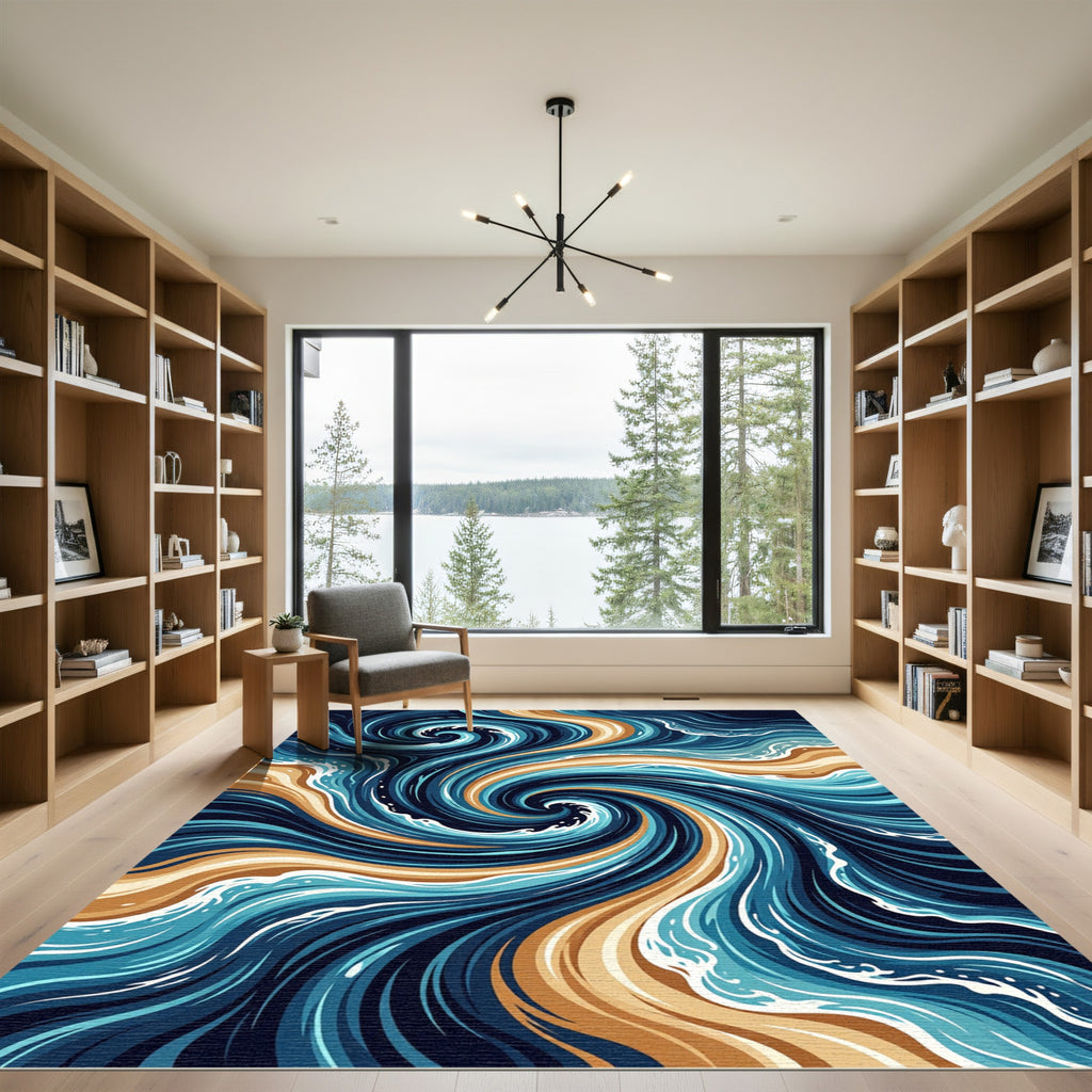Earthy Blue Spiraling Oceanic Swirl Rug