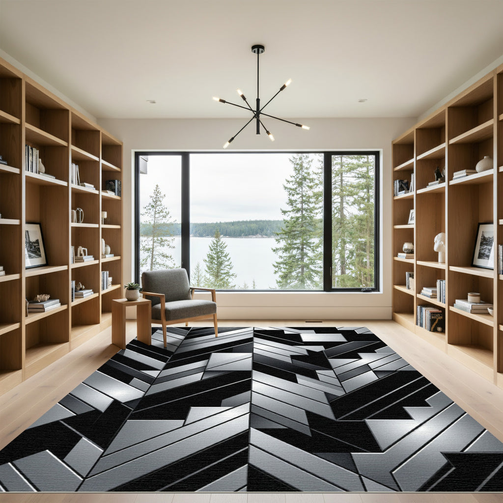 Metallic Silver Geometric Herringbone Rug