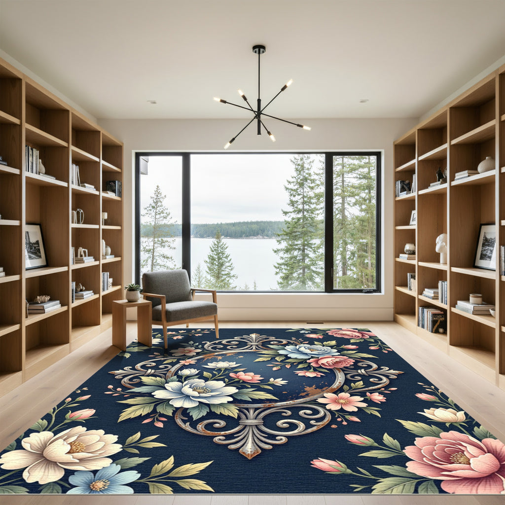 Elegant Navy Floral Filigree Frame Rug