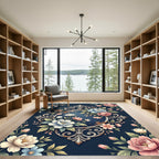 Elegant Navy Floral Filigree Frame Rug