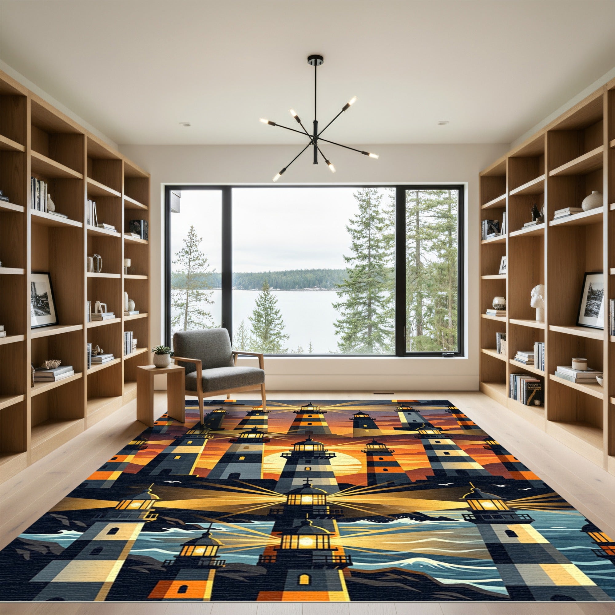 Glowing Golden Sunset Lighthouse Scenic Rug